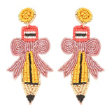 Pencil with Pink Bow Seed Beaded Post Dangle Earrings