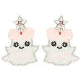 Halloween Ghost with Pink Bow Crystal Beaded Dangle Earrings